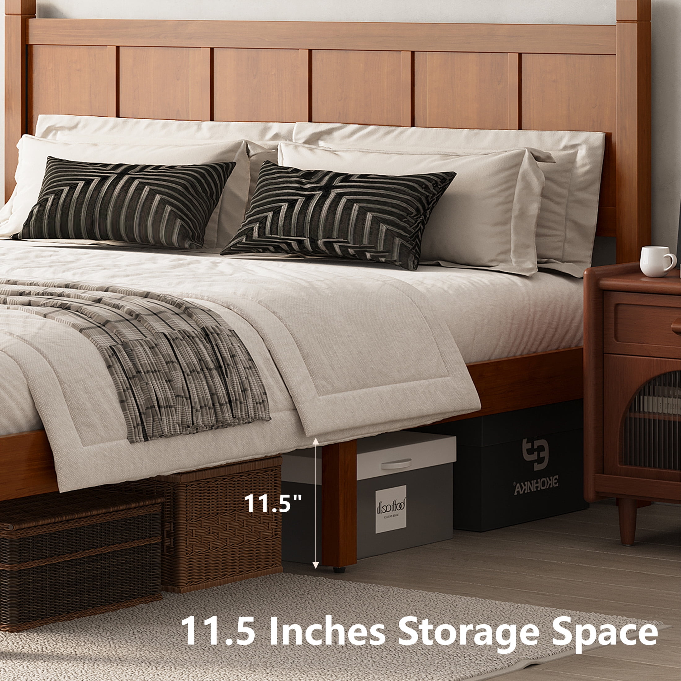 Noble House Queen Platform Bed with Headboard and Footboard, Wood Frame, Light Walnut