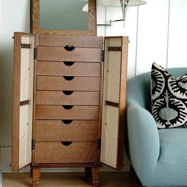 Hives And Honey Noelle Jewelry Armoire - Locking Storage Cabinet With 7 Drawers, Mirror, Walnut Finish