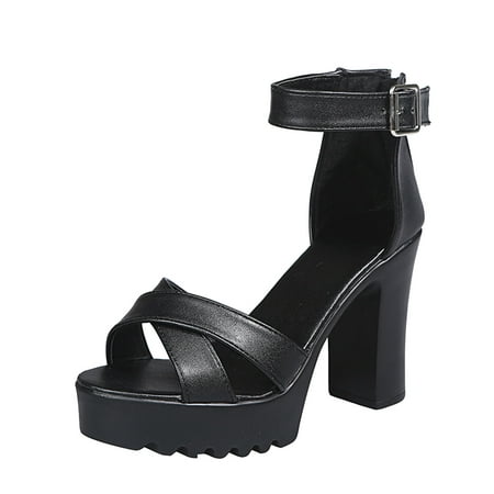 

A0624 sandals for Women Women Fashion Leather Cross Open Toe Platform Buckle Thick High Heel Sandals Flock