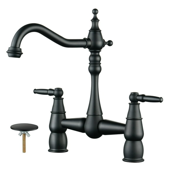 Wowow Brass Bridge Centerset Kitchen Faucet for Sink, 2 Handle 2 Hole 360 Degree Swivel Faucets for Vintage Farmhouse, Matte Black