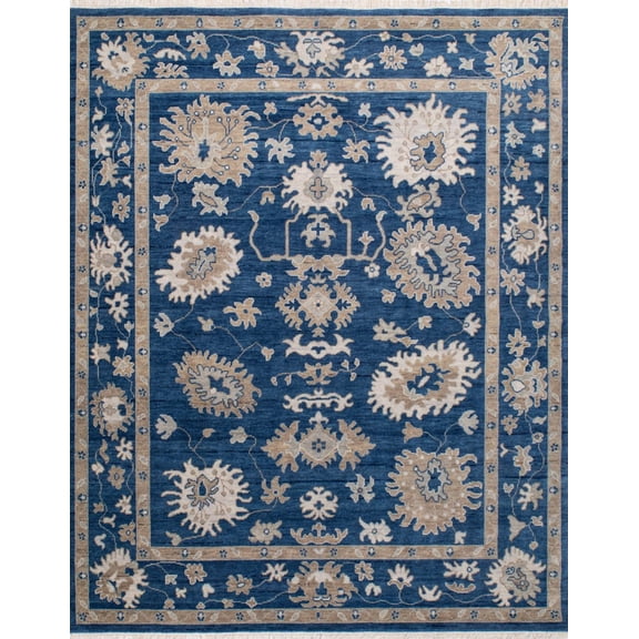New Oushak Handmade Blue and Taupe Woolen Area Rug