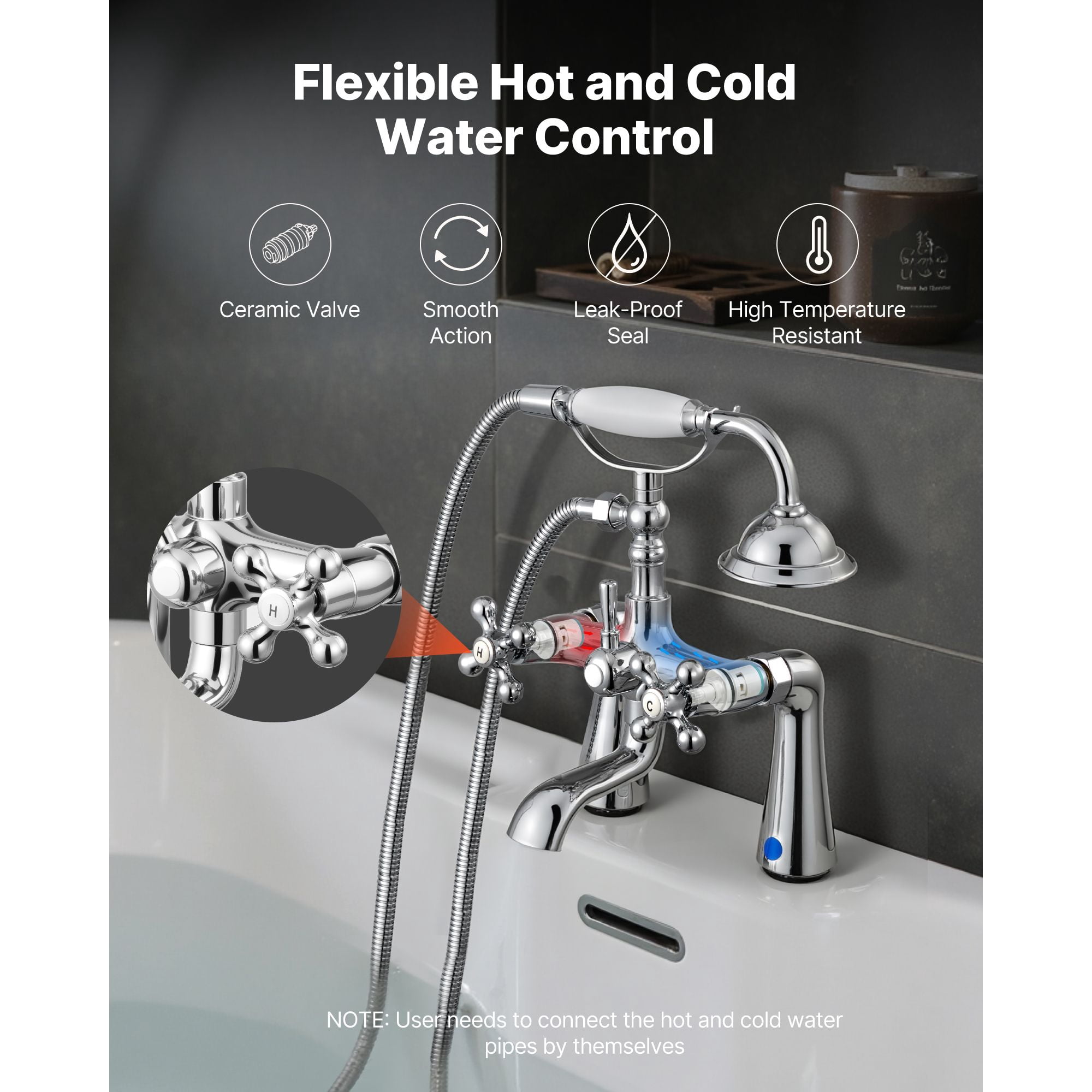 Clawfoot Tub Faucet with Handheld Shower, Solid Brass, Polished Chrome, Dual Handles, 360° Rotatable Spout, for Bathroom Renovation