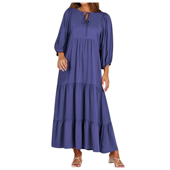 OSOLU Solid Color 2025 Summer Women Boho Maxi Dresses V-Neck Puff Sleeve Floral Flowy Swing Casual Long Dress Fashionable Sundress Dresses For Women 2025 Elegant Classy