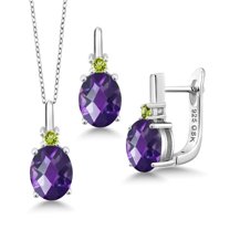 Gem Stone King 4.57 Ct Oval Checkerboard Purple Amethyst Green Peridot 925 Silver Pendant and Earrings Jewelry Set
