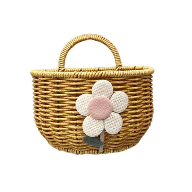 Canasta tejida a mano Organizador de canasta doméstica Cosméticos Juguetes Caneta de almacenamiento de calcetines con mango Cesta colgante para sala Flor pequeña