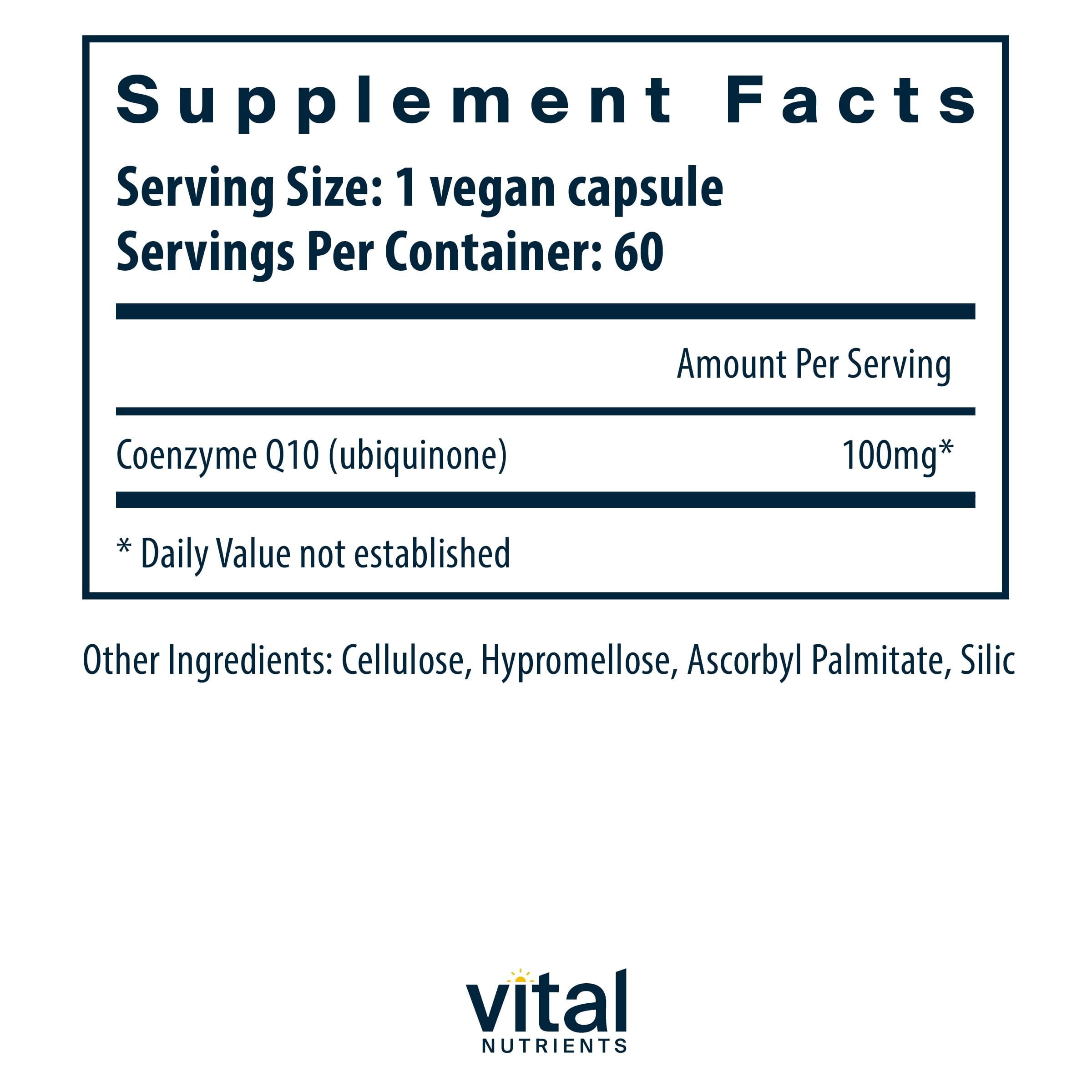 Vital Nutrients CoQ10 100mg | Vegan Supplement | CoEnzyme Q10 from Ubiquinone | Potent Antioxidant to support Heart Health and Energy levels | Gluten, Dairy and Soy Free | Non-GMO | 60 Capsules