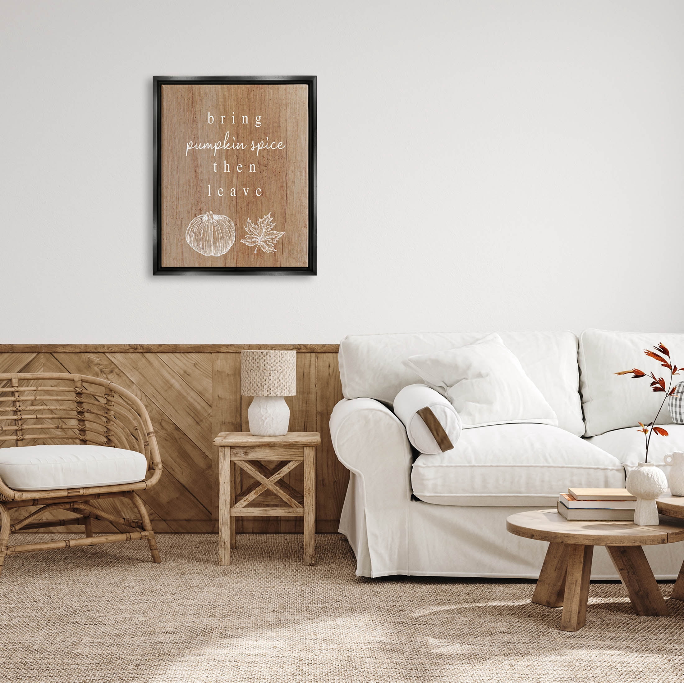 Stupell Industries Bring Pumpkin Spice Then Leave Graphic Art Jet Black Floating Framed Canvas Print Wall Art, Design by Lil' Rue