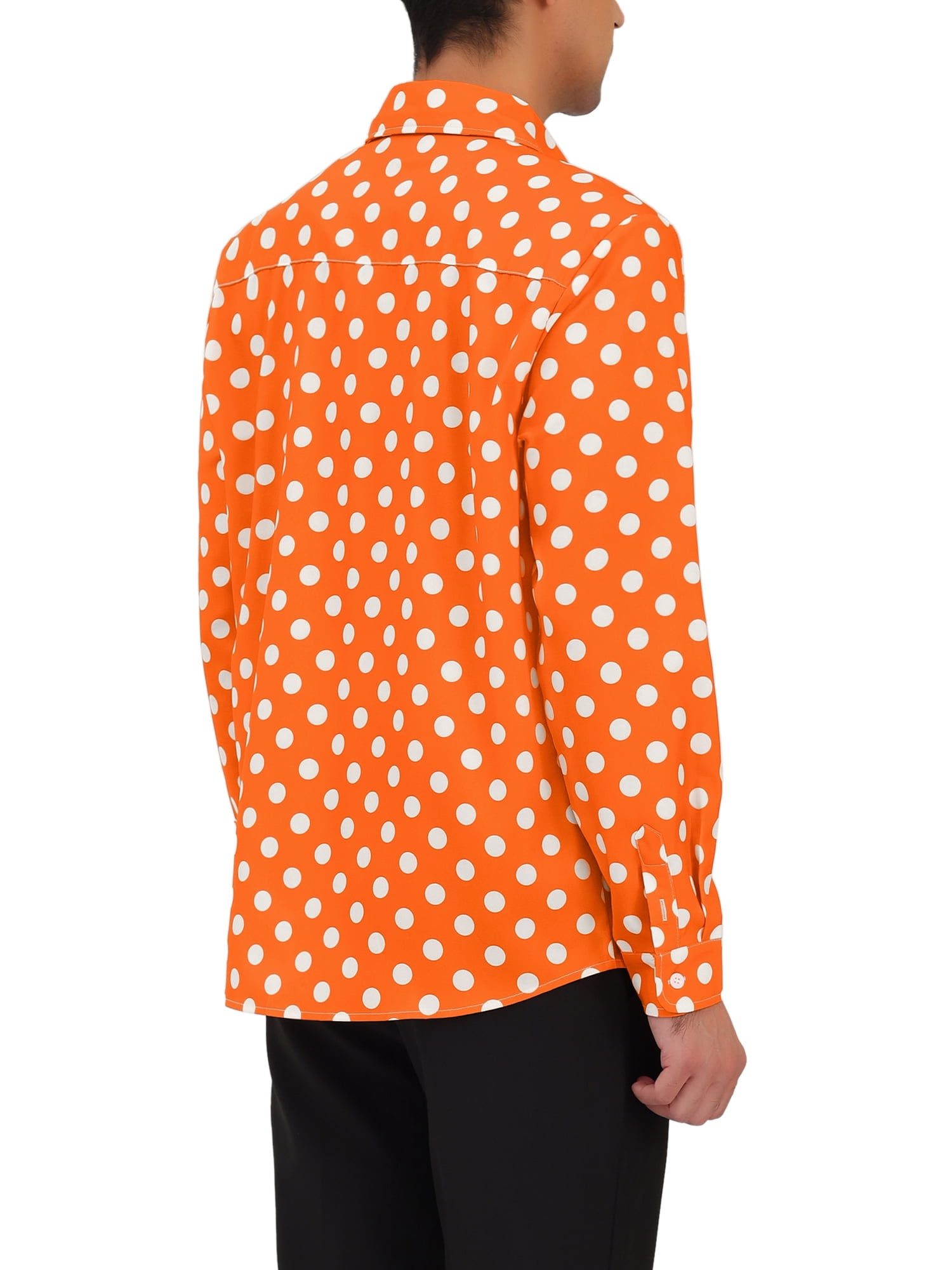 Unique Bargains Men's Long Sleeve Button Slim Polka Dots Shirt 46 Orange