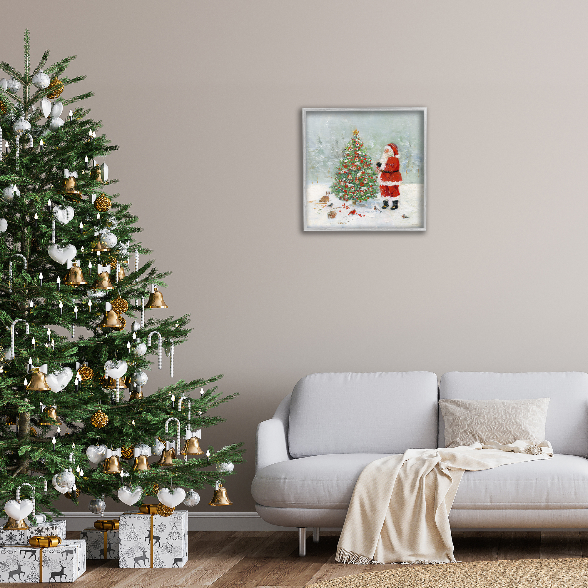 Stupell Industries Santa with Birdhouse Tree Holiday Painting Gray Framed Art Prints Wall Art, 24 x 24