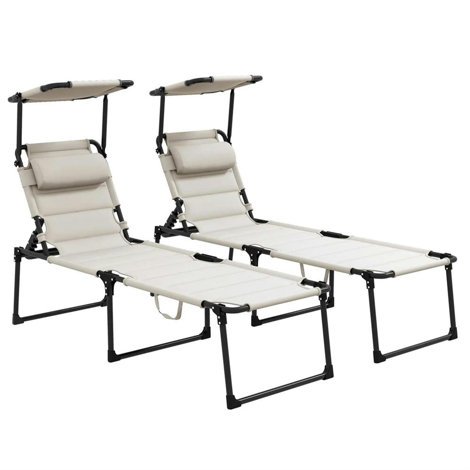 Demi Bonn 2-Piece Outdoor Folding Lounger Chair with 4-Position Backrest, Comfortable Cushions & Sun Canopy for Beach, Yard, Patio, White