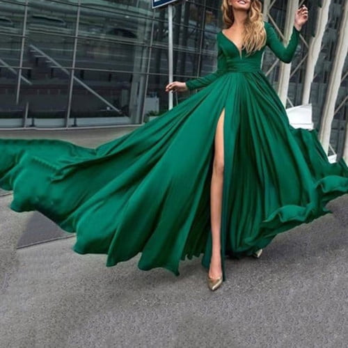 Women V Neck Long Sleeve Maxi Dress 