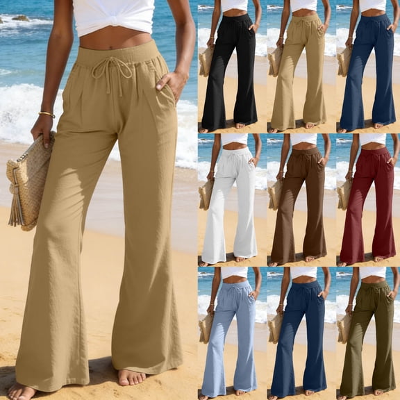 felwors Women's Linen Cotton Flare Pants – Wide Leg Drawstring Waist Lounge Pants, Breathable Summer Bottoms for Casual Wear, Beach, Travel, and Everyday Comfort (Light Blue, XXL)