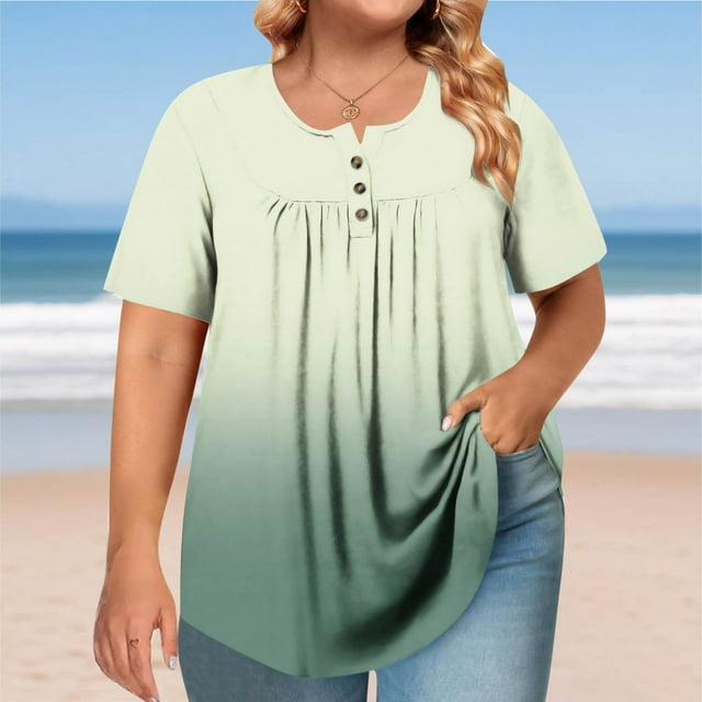 Hauts Grande Taille pour Femmes, T-Shirt Ombré Plissé, Blouse Décontractée Extensible à Manches Courtes, T-Shirt à Col Rond Confortable (心词:Hauts Grande Taille, T-Shirt Plissé)