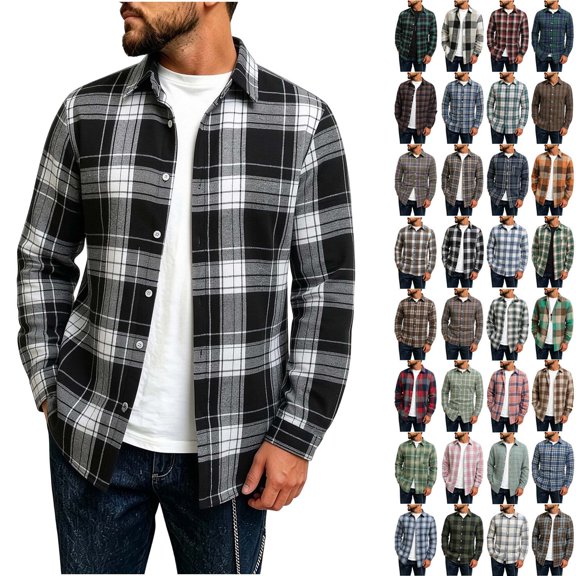 DYTTDG Men's Collared Long Sleeve Plaid Flannel Shirt, Button Down Loose Casual Checkered Top Lightweight Layer Jacket for Daily Outdoor Wear
