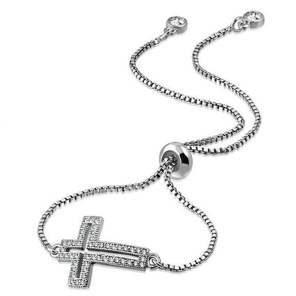 Stainless Steel Silver-Tone Clear CZ Religious Cross Adjustable Chain Bracelet