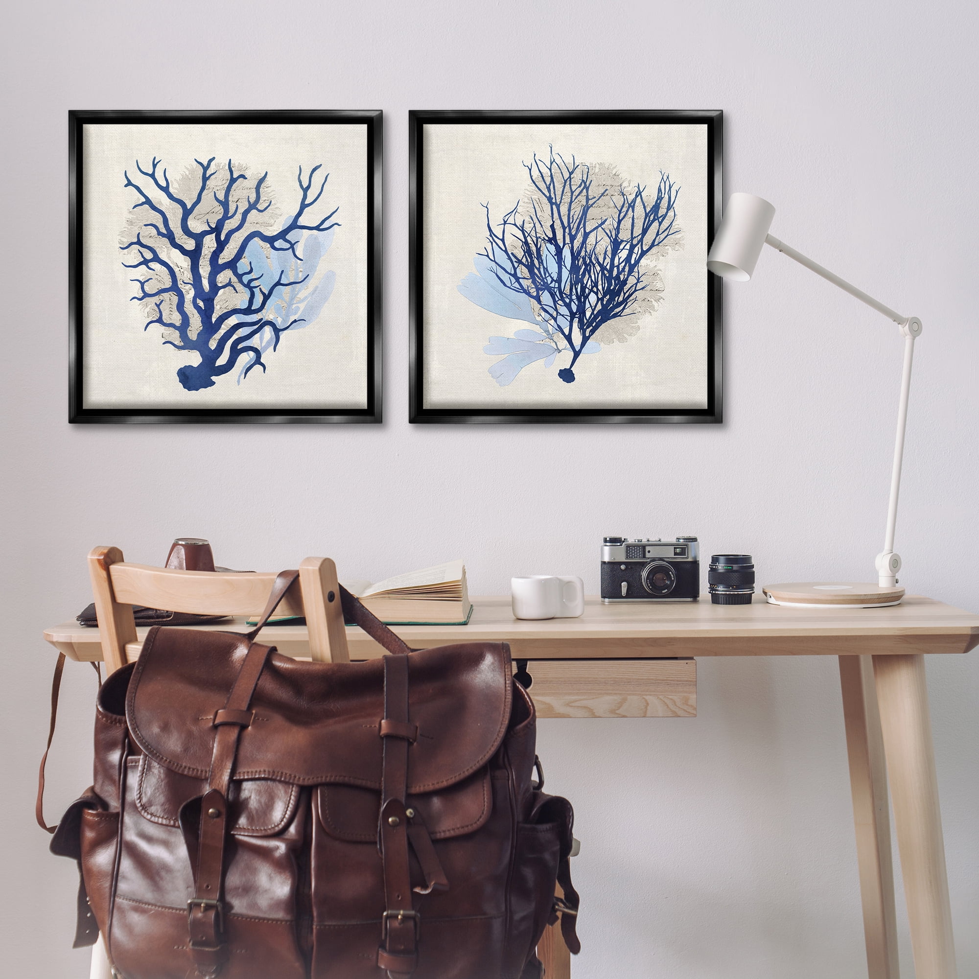 Stupell Industries Blue Coral Branches Nautical & Beach Painting Black Floater Framed Canvas Art Print Wall Art, 25 x 25, Set of 2