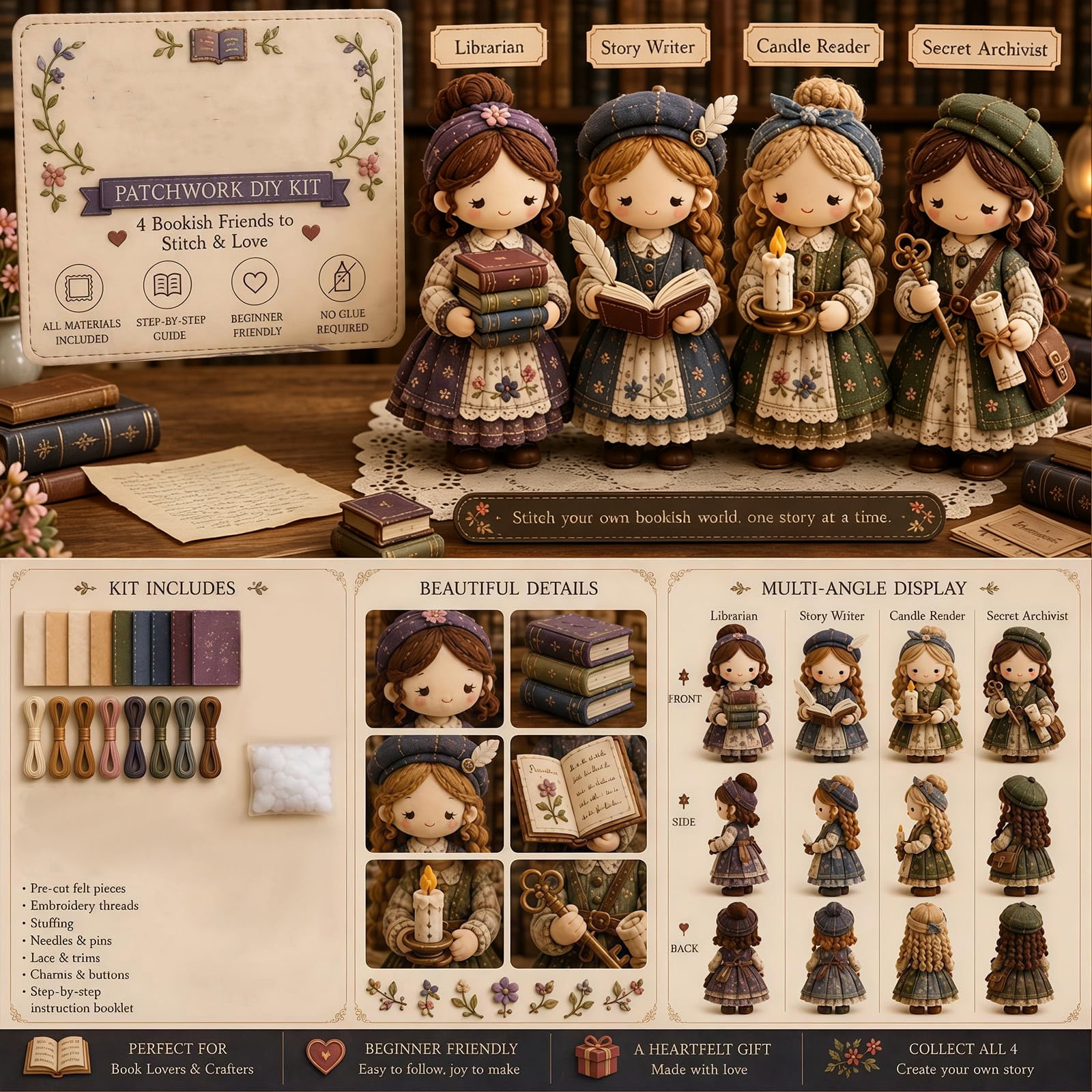 Grbtsrd Fairy Patchwork Diy Patchwork DIY Craft Kit Felt Bookish‑Theme Doll Sewing Set with Pre‑Cut Fabric Pieces Step‑by‑Step Guide Hand‑Stitch Project for Starter Crafters Book‑Lover Present