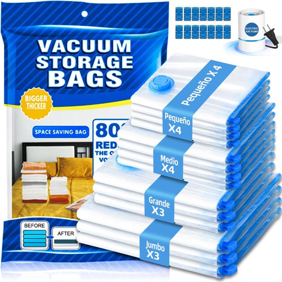 Bolsa de Almacenamiento de Compresión Al Vacío con Bomba Eléctrica de Aire, 14 Bolsas de Almacenamiento al Vacío Reutilizables, Para Guardar Edredones,Ropa,