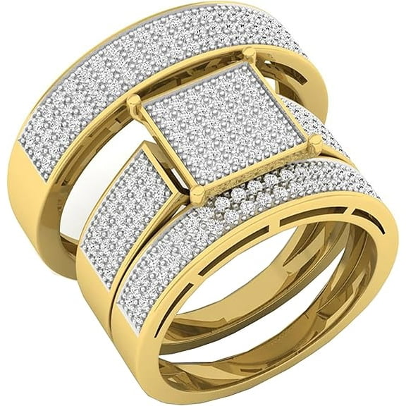 Divine Creation Unisex 2.10 Ct Round Cut White Diamond Wedding Engagement Trio Ring Set 14K Yellow Gold Plated 925 Sterling Silver For Men's & Women's -4