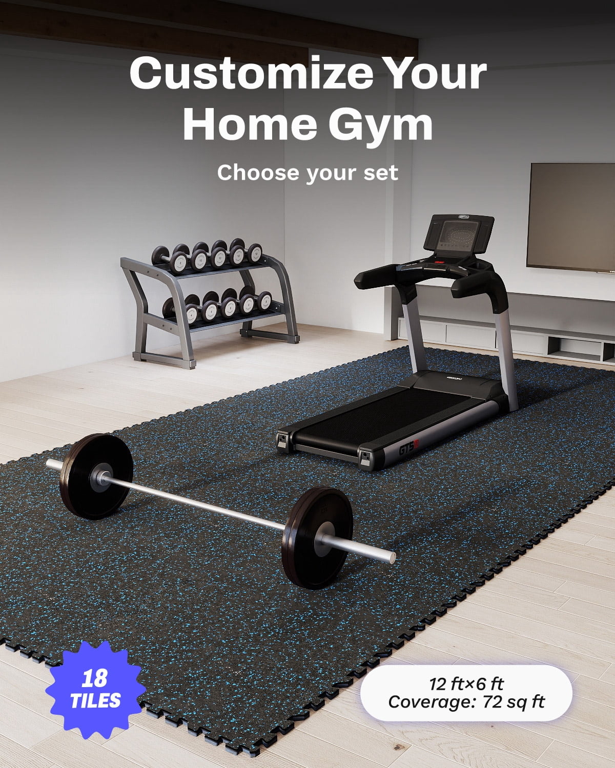 AIRHOP 0.79in Thick 72 Sq Ft Exercise Equipment Mats, 18 Tiles Upgraded Rubber Top with High Density EVA Foam, Large Interlocking Puzzle Gym Flooring for Home Gym, Heavy Weight Workout,Black & Blue