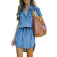 thumbnail image 5 of Women Denim Dress Summer Short Sleeve Button Down Tie Waist Casual Jean Shirt Short Dresses, 5 of 6