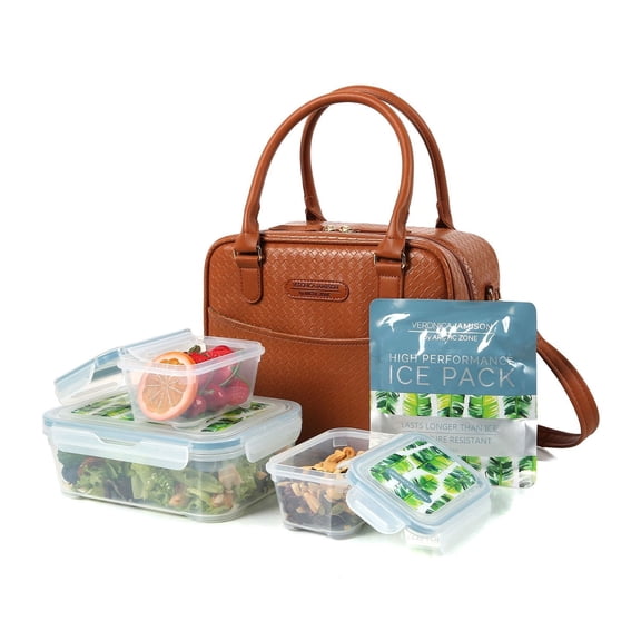 Arctic Zone Veronica Jamison Hampton Faux Leather Lunch Tote Lunch Bag w/Food Storage & Ice Pack, Brown Woven