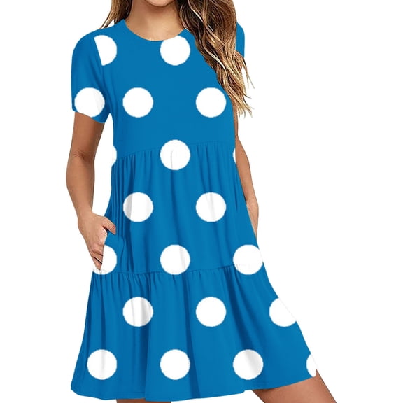 Daiosportswear Summer Dresses Casual Loose T-Shirt Polka Dot Short Sleeve Plus Size Flowy Sundresses with Pockets,Women'S Short-Sleeved Dress Blue-A 12(XXL)