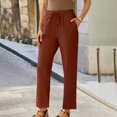 thumbnail image 2 of Women Petite Linen Pants High Waisted Straight Leg Casual Cotton Trousers Elastic Waist Drawstring with Pockets Red, 2 of 8