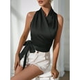 thumbnail image 5 of Women'S Satin Blouse Wrap V Neck Sleeveless Tie Side Summer Elegant Crop Tops Black S, 5 of 7
