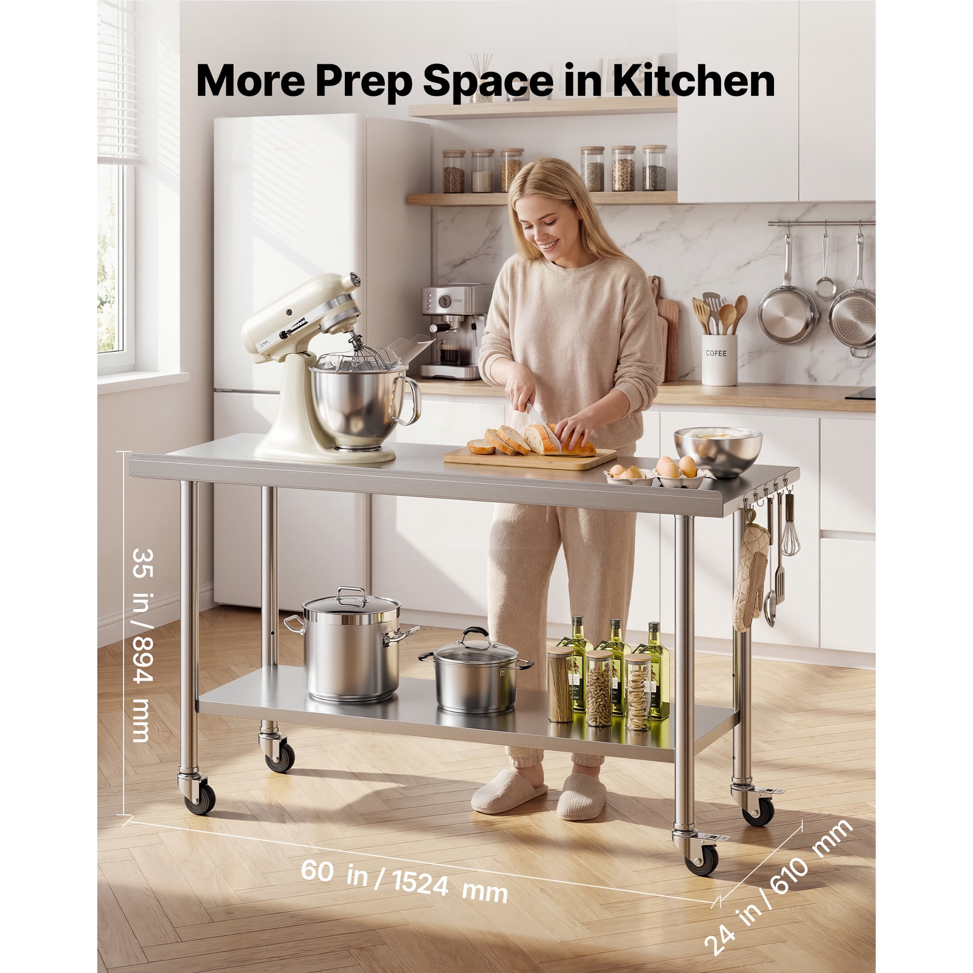 KFFKFF Stainless Steel Work Table, 24x60 inch Food Prep Station with Wheels and Backsplash, Adjustable Undershelf Metal Worktable for Kitchen, Home, Restaurant, or Outdoor Use