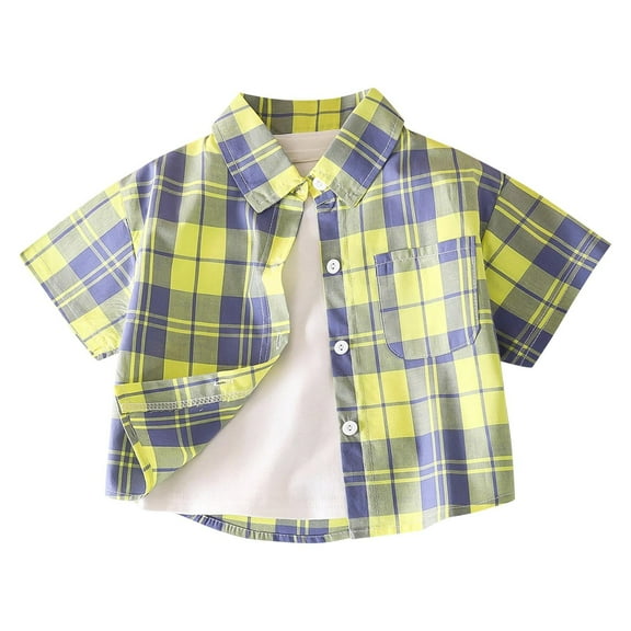 vdgthytj Toddler Boys Button down Shirts Kids Plaid Collared Short Sleeve Tops Summer Outfits 1-11 Years