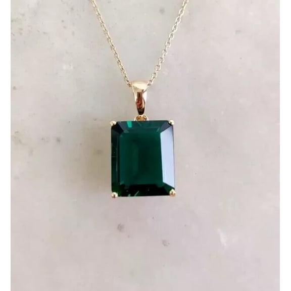 Natural Green Emerald 14K Yellow Gold Plated 4Ct Emerald Cut Women's Pendant