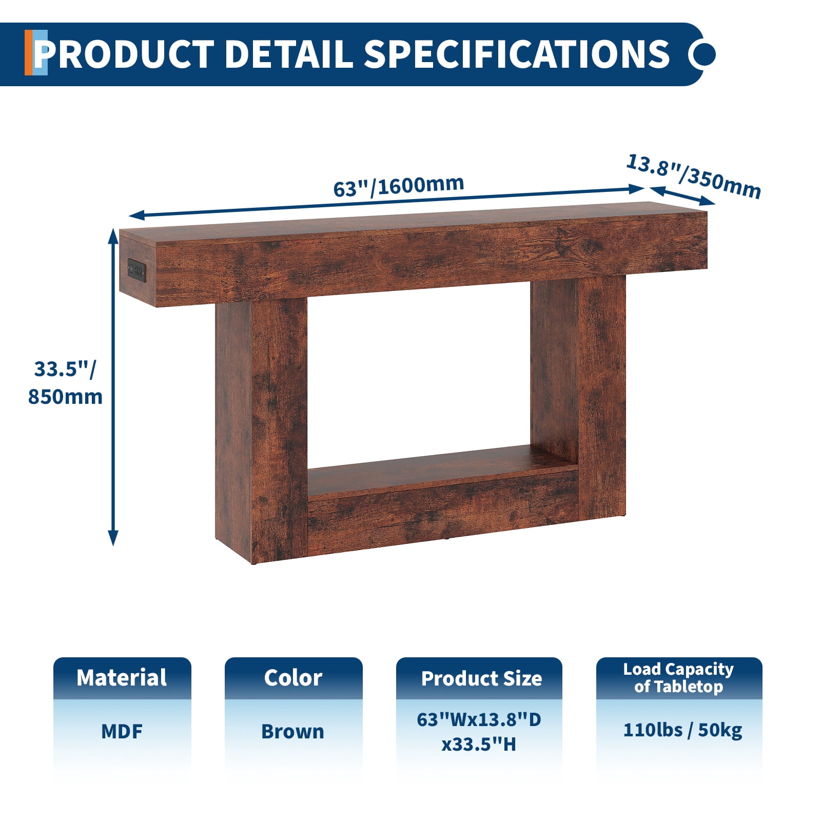 63" Farmhouse Entryway Table with Charging Station, Narrow Console Table with Storage Shelf Slim Sofa Table for Living Room, Brown