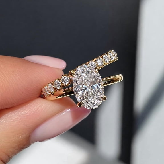 Jewelerix Oval Cut Engagement Ring Set for Women 2 Piece Bridal Ring Set with Pave Band 10K Vermeil Yellow Gold Wedding Ring Set