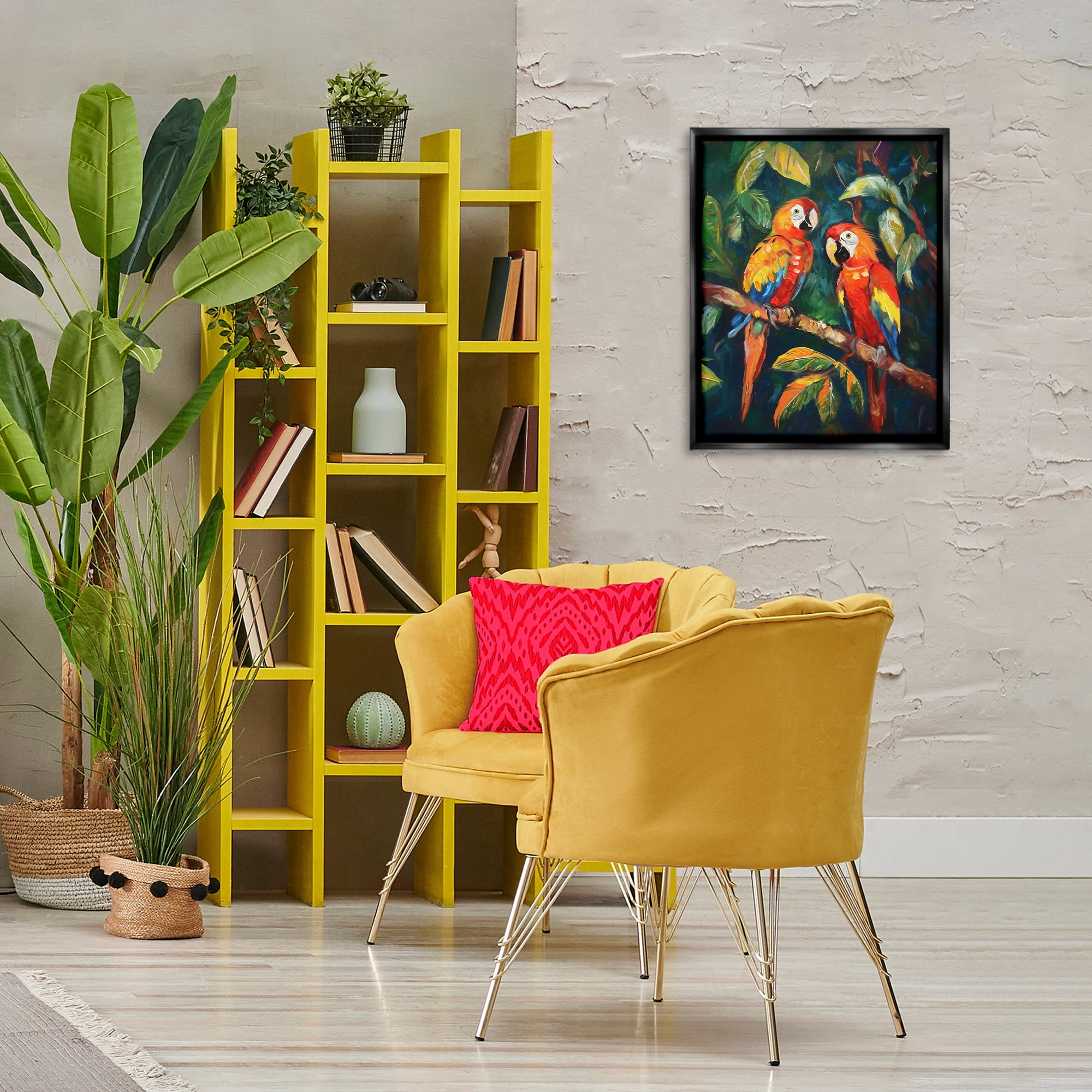 Stupell Industries Parrot Pair on Branch Animals & Insects Painting Black Floater Framed Canvas Art Print Wall Art, 17 x 21