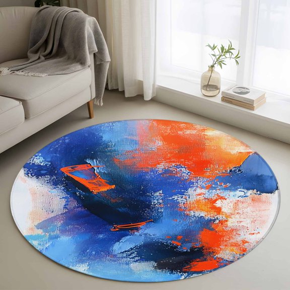 Round Rugs 4Ft, Orange Blue Round Area Rug Washable Indoor Throw Carpet, Modern Abstract Oil Painted Aesthetics Soft Non Slip Circle Rug for Kitchen Nursery Room Home Decor Aesthetic