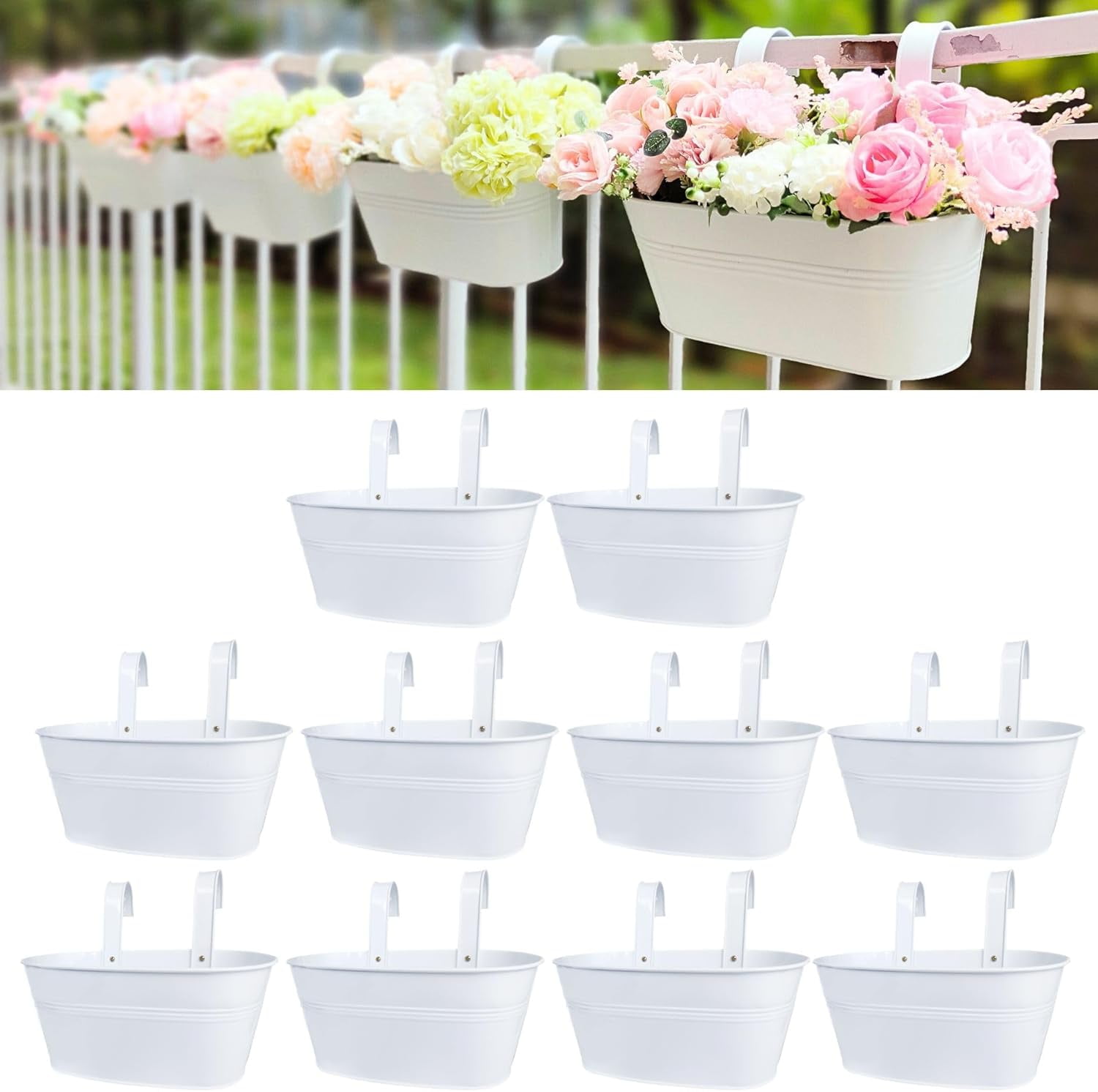 Rail Planters for Outdoor 2 Pack 11 Inch White Metal Hanging Flower Pots Deck Railing Fence Window Box Plant Holders with Hooks Porch Decor