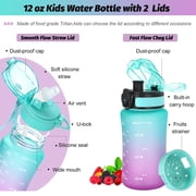 Oldley Kids 12oz Water Bottle with Spill Chug, Flip Top, Fruit Strainer, Green Purple