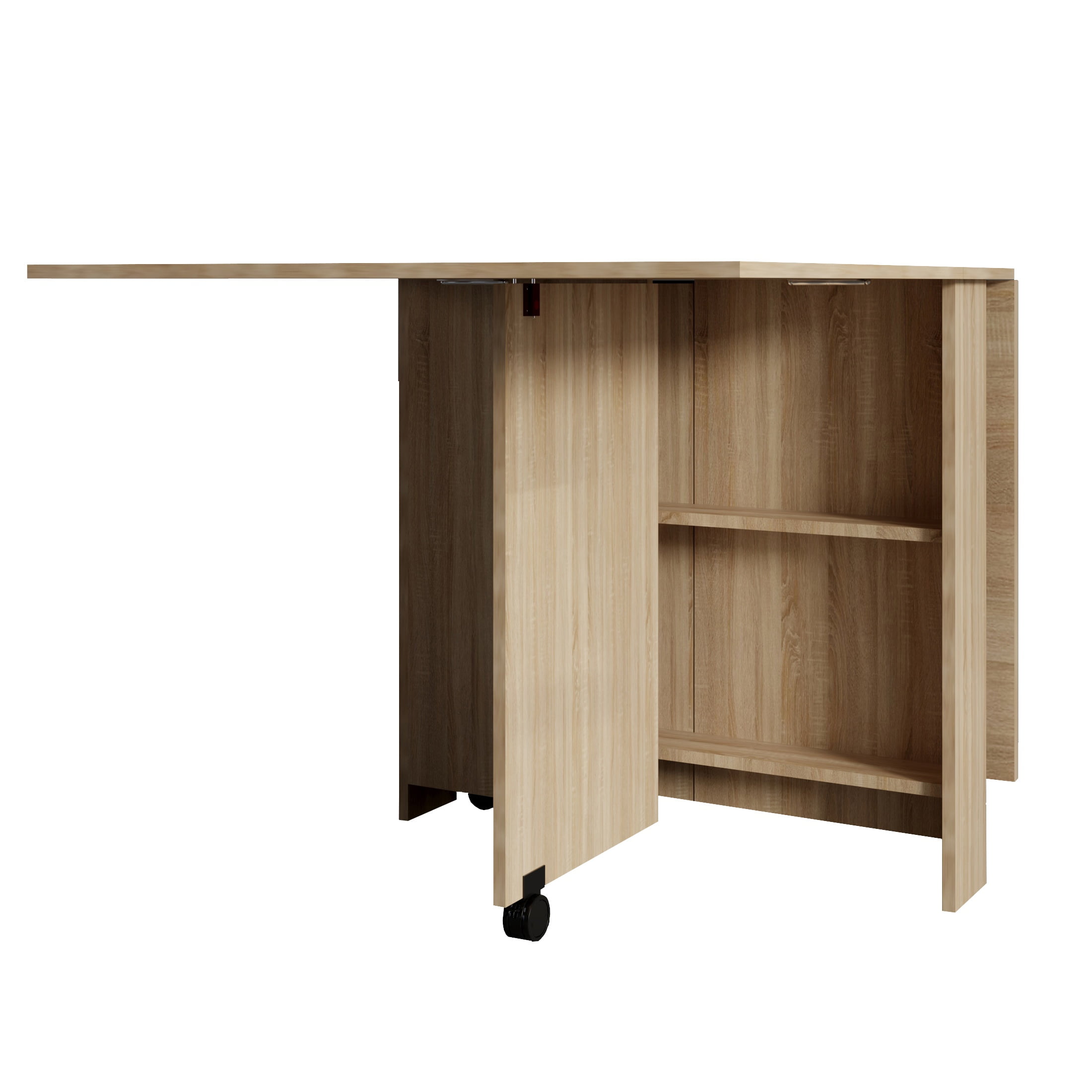 PORKISS Folding Dining Table, Space Saving Versatile Dining Room Table, Folding Kitchen Table with Wheels, Storage Shelf for Small Apartment, Wood (Only Table)