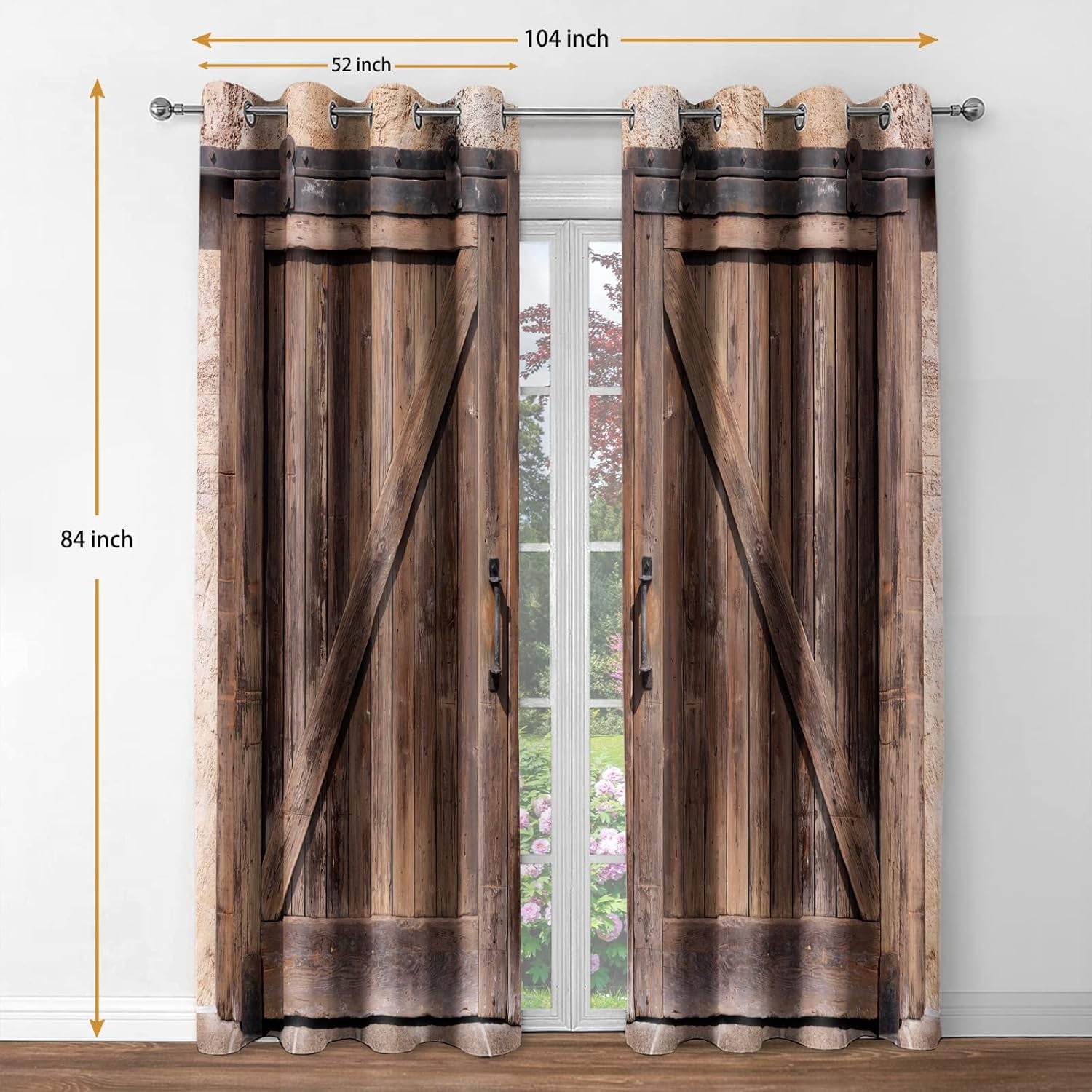 Rustic Wood Blackout Curtains Vintage Wooden Barn Door Farmhouse Home Bedroom Living Room Decor Brown Grommet Window Drapes 2 Panel Set, 52"x84"