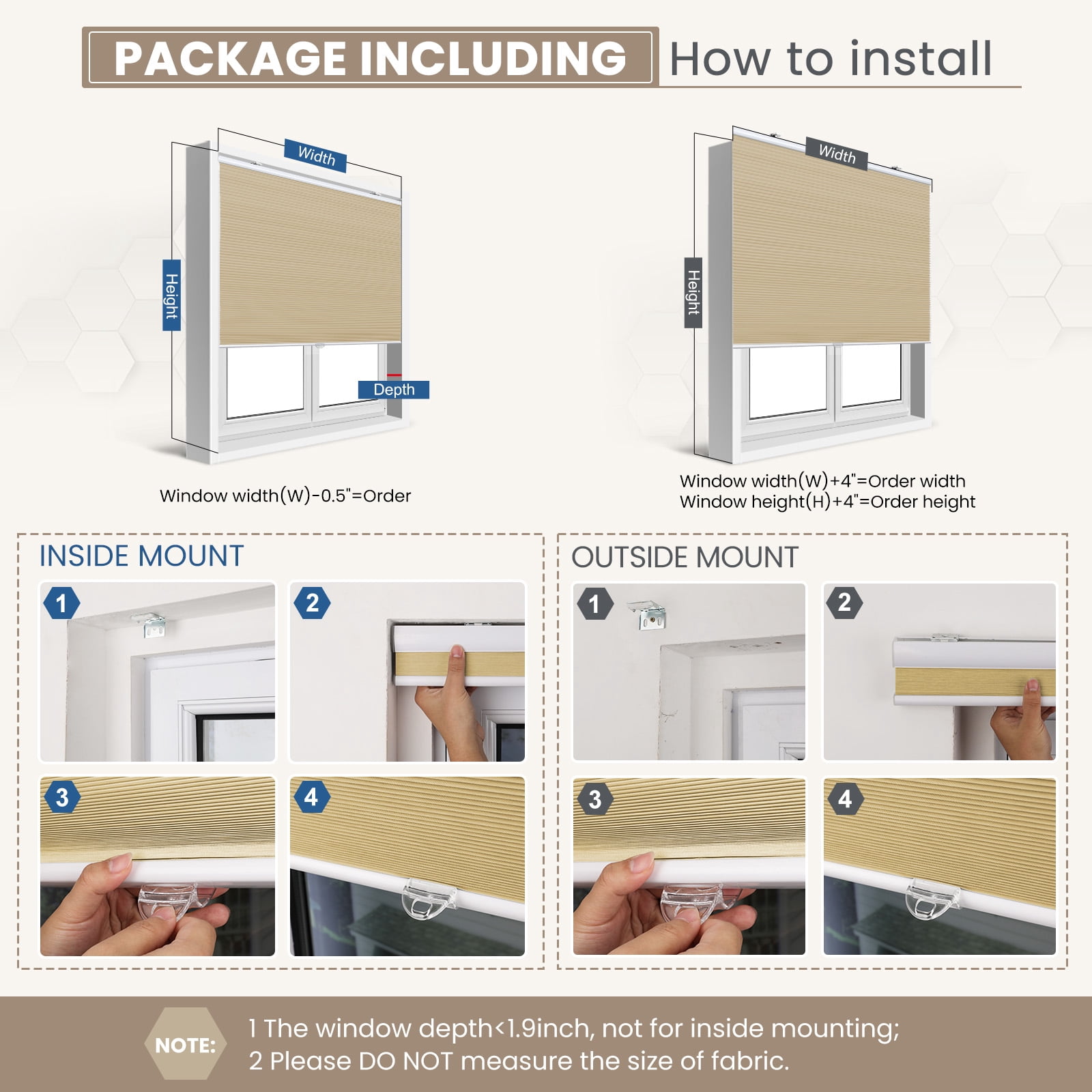 Grandekor Window Blinds and Shdes Cordless Cellular Shades, Beige(blackout) 29"W x 64"H