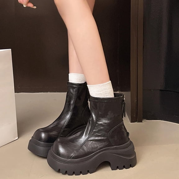 Wowcloth Women's Platform Ankle Boots – Comfortable Round Toe Mid Heel with Retro British Style for Casual Winter Wear