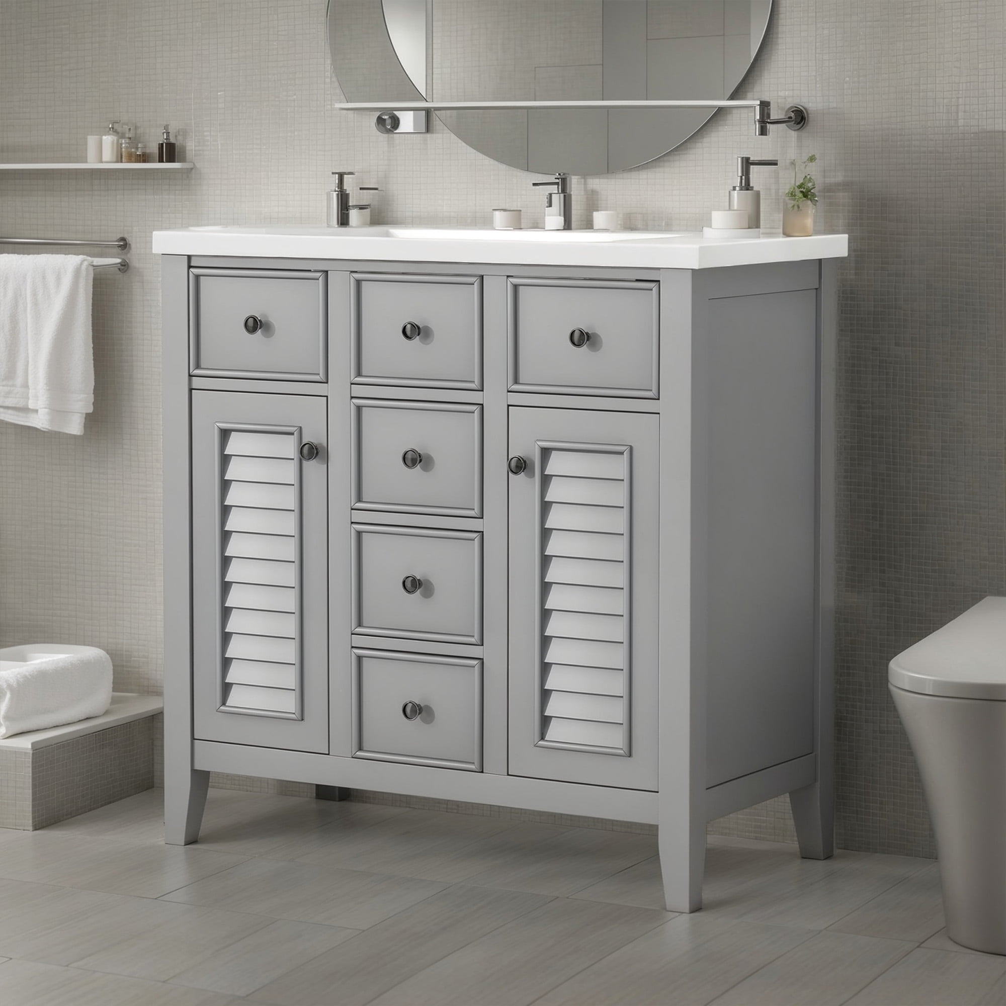 SogesPower 36" Bathroom Vanity with Ceramic Sink, Solid Wood Bathroom Makeup Cabinet with 2 Cabinets and 5 Drawers, Modern FreeStanding Single Basin Vanity Set for Bathroom, Grey