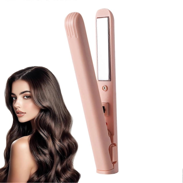 Plancha y rizador de pelo inalámbrico 2 en 1, recargable por USB, de cerámica, herramienta de peinado de viaje, color rosa.