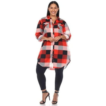 PS17558-02-2X Women Plus Size Plaid Tunic Shirt, Black & Red - 2XL