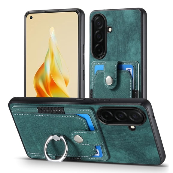 Feishell for Samsung Galaxy S24 Wallet Case with Elastic Card Holder,Premium PU Leather Shockproof TPU Bumper 360° Rotation Finger Ring Holder Kickstand Anti-Scratch Protective Case,Green