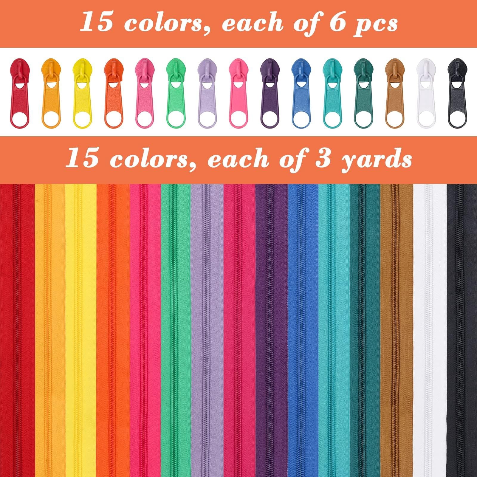 45 yards 15 Colors #5 Nylon Coil Zippers with 90pcs Pull Heads, Scissor, Ruler, Assorted Lengths Sewing Zipper for DIY Sewing Crafts Zipper Tape for Clothes, Bag, Purse Making Supplies Kit