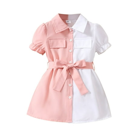 

ZRBYWB Baby Summer Girls Dresses Fashion Color Matching Pink White Lapel Short Sleeve Lace Up Fashion Dress Baby Girl Clothes