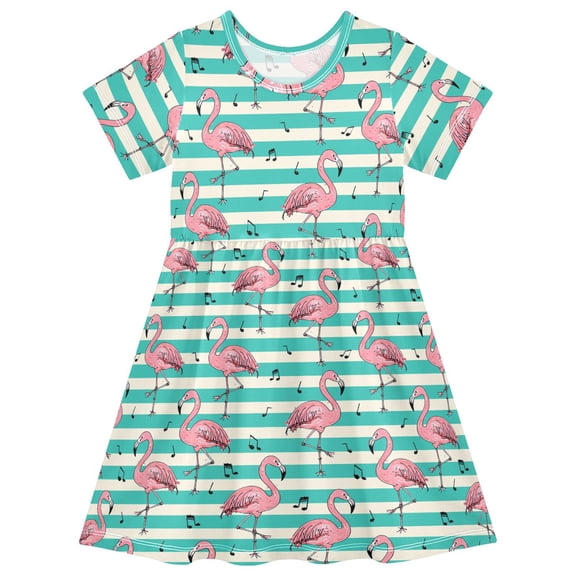 joogoo Flamingo on Stripes Girls' Short Sleeve Dress Kids Dresses 5-6T