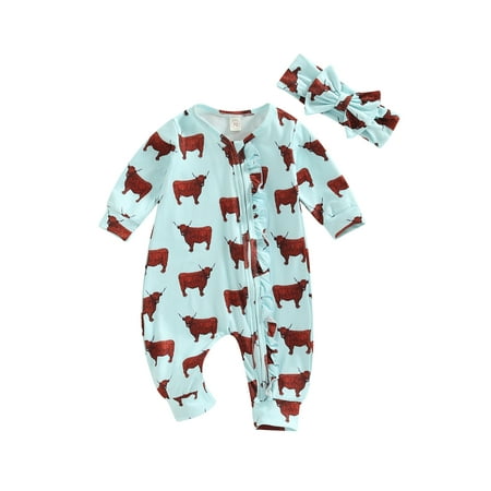 

Western Baby Girl Clothes Cow Print Long Sleeve Romper Jumpsuit Zip Up Onesie Bodysuit Headband Cute Cow Outfit (Blue Cow 0-3 Months)